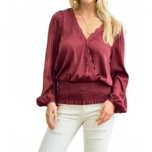 NEW DOE AND RAE smocked waist surplice top with lace in wine
